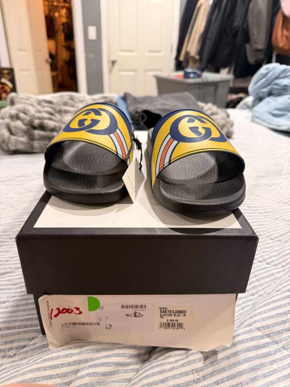 Gucci Yellow and Blue Logo Slide Sandals with Black Footbed